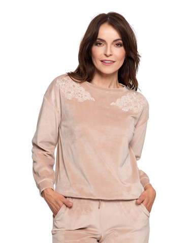 Bluzy damskie - Bluza damska welurowa bez kaptura z haftem BEŻOWY - produkt 22