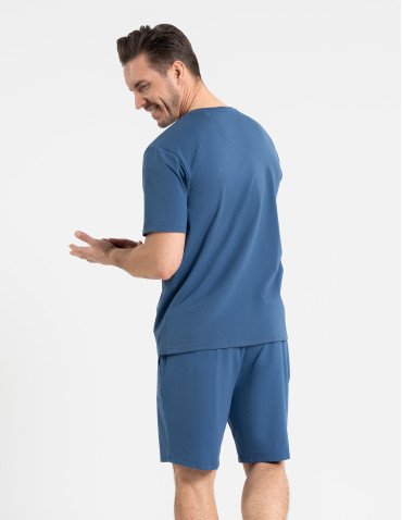 Piżamy z krótkim rękawem - Piżama męska bawełniana dwuczęściowa z nadrukiem GRANATOWY - produkt 3