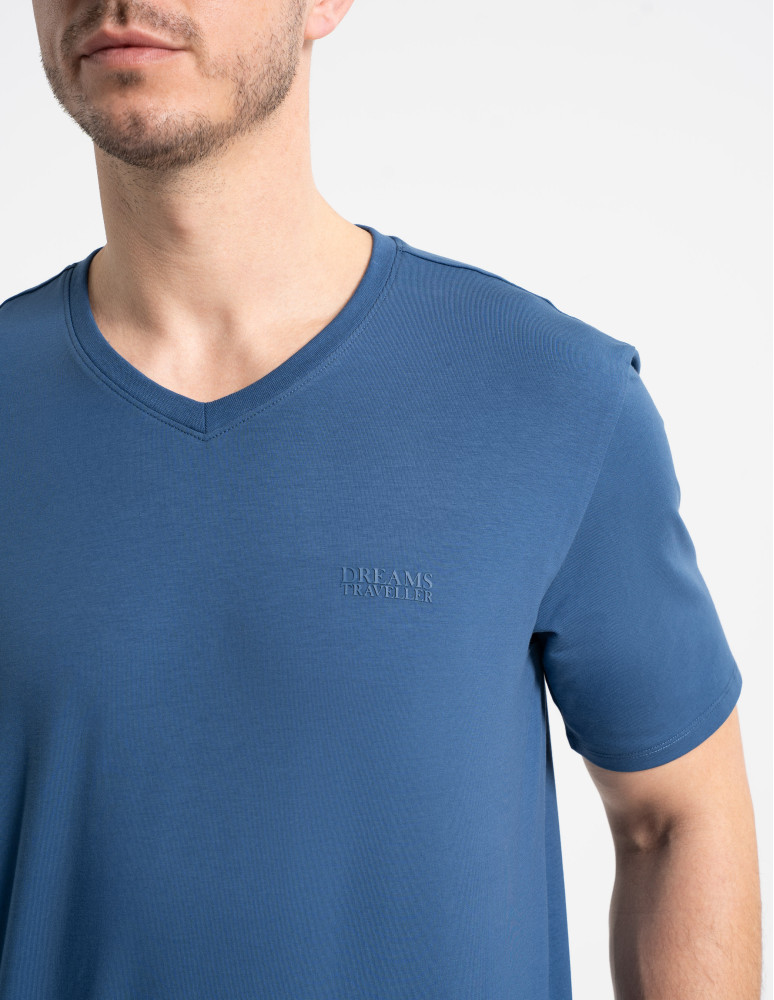 Piżamy z krótkim rękawem - Piżama męska bawełniana dwuczęściowa z nadrukiem GRANATOWY  - produkt moraj.pl 4