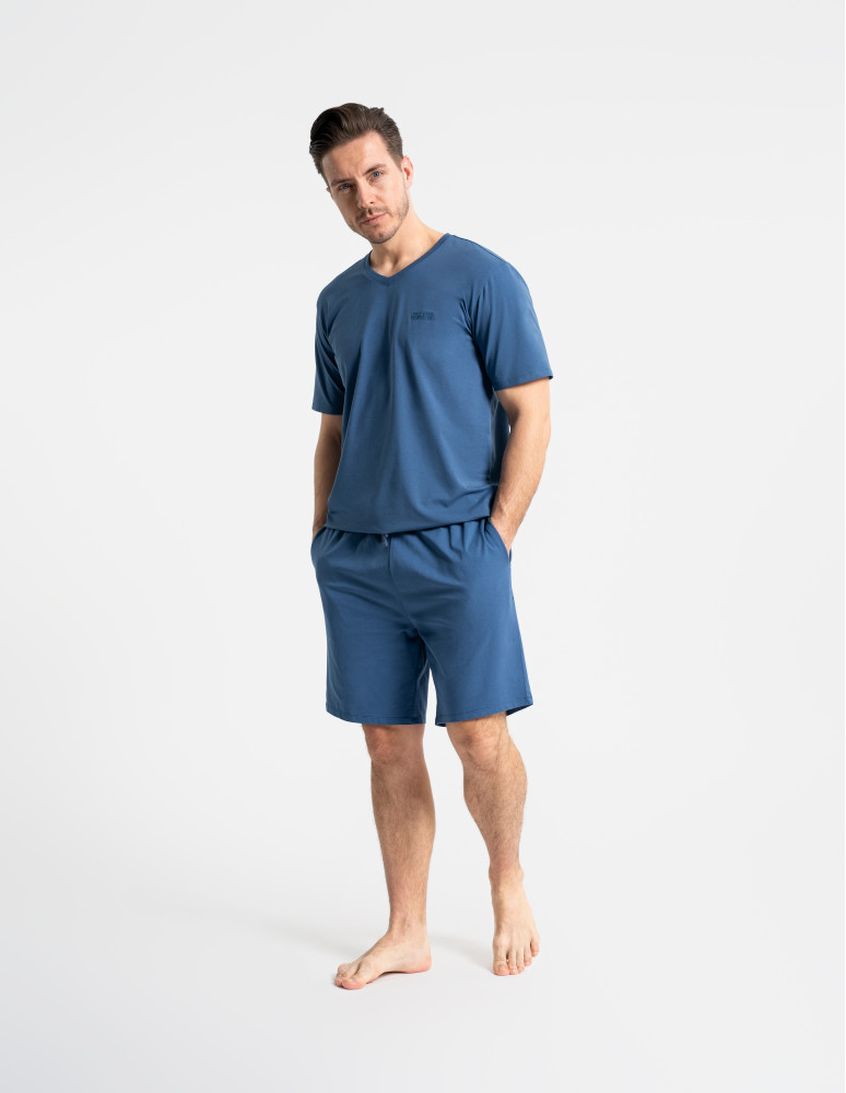 Piżamy z krótkim rękawem - Piżama męska bawełniana dwuczęściowa z nadrukiem GRANATOWY  - produkt moraj.pl 6