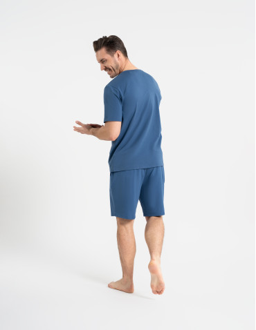Piżamy z krótkim rękawem - Piżama męska bawełniana dwuczęściowa z nadrukiem GRANATOWY - produkt 7