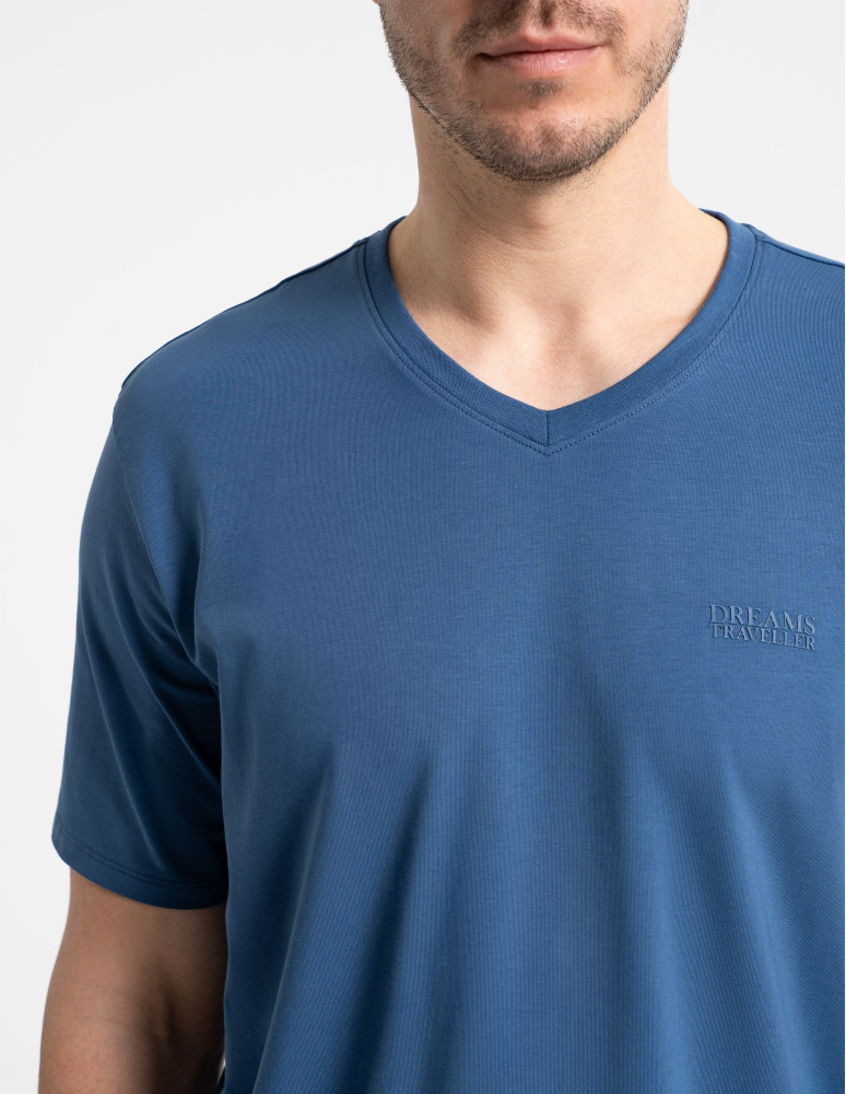 Piżamy z krótkim rękawem - Piżama męska bawełniana dwuczęściowa z nadrukiem GRANATOWY  - produkt moraj.pl 10