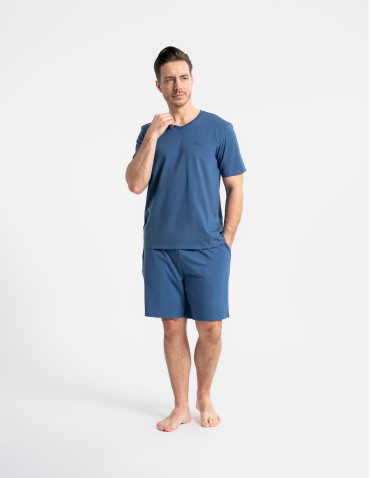 Piżamy z krótkim rękawem - Piżama męska bawełniana dwuczęściowa z nadrukiem GRANATOWY - produkt 12