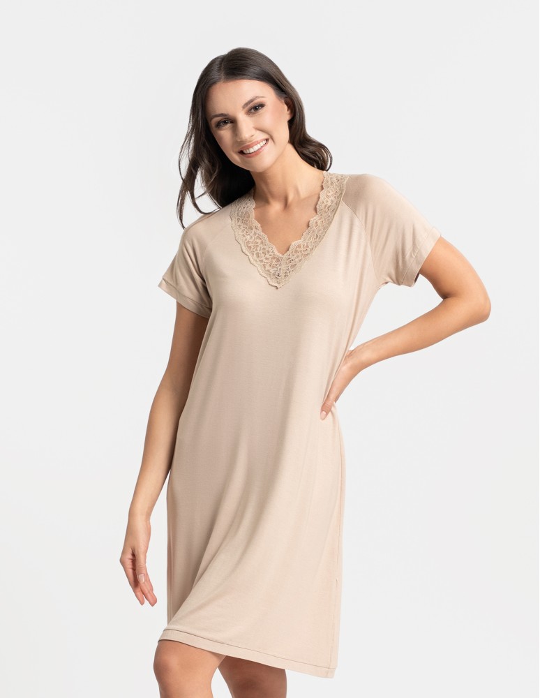 Koszule nocne z krótkim rękawem - Koszula nocna damska z krótkim rękawem Plus Size z wiskozy bambusowej BEŻOWY - produkt moraj.pl 1