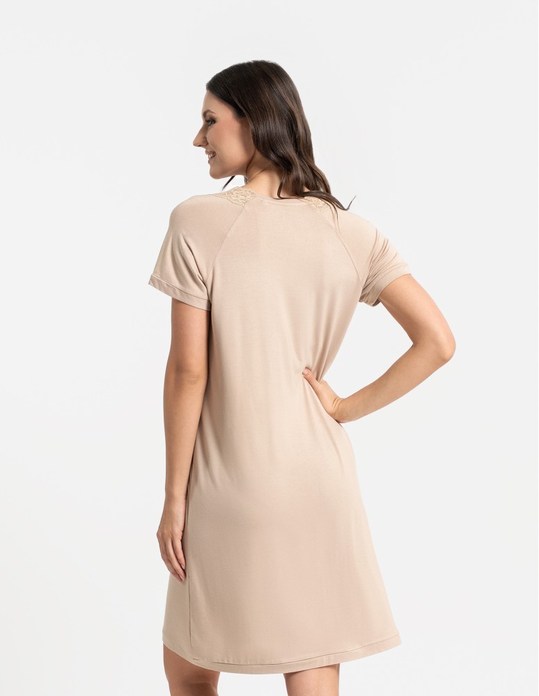 Koszule nocne z krótkim rękawem - Koszula nocna damska z krótkim rękawem Plus Size z wiskozy bambusowej BEŻOWY  - produkt moraj.pl 2