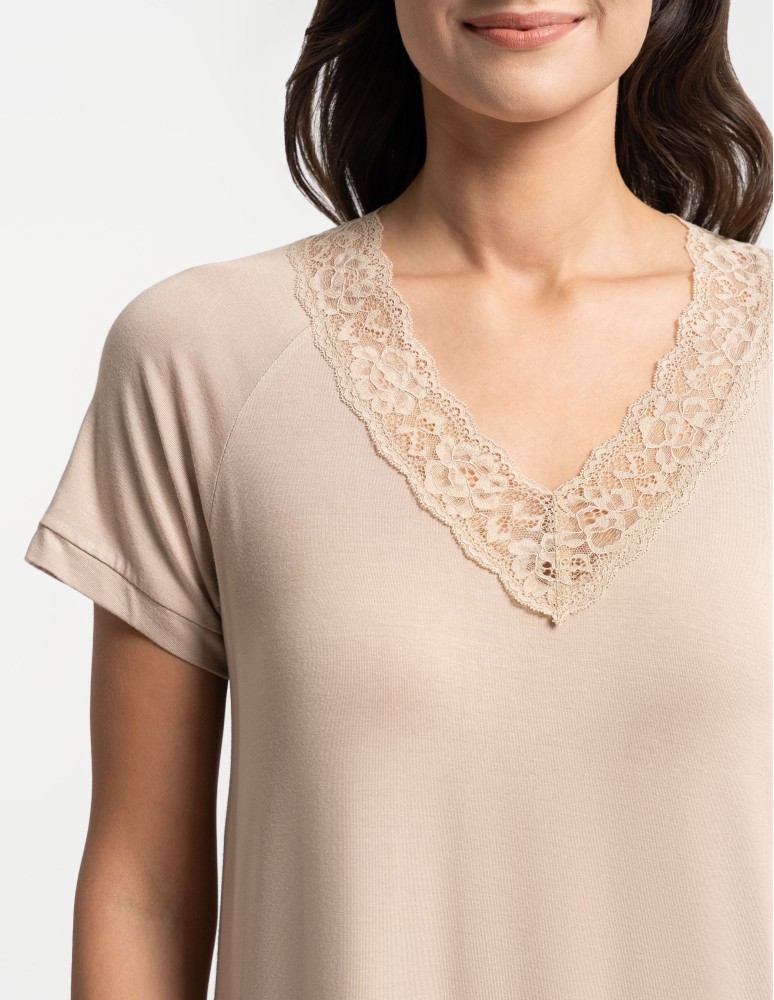 Koszule nocne z krótkim rękawem - Koszula nocna damska z krótkim rękawem Plus Size z wiskozy bambusowej BEŻOWY  - produkt moraj.pl 3