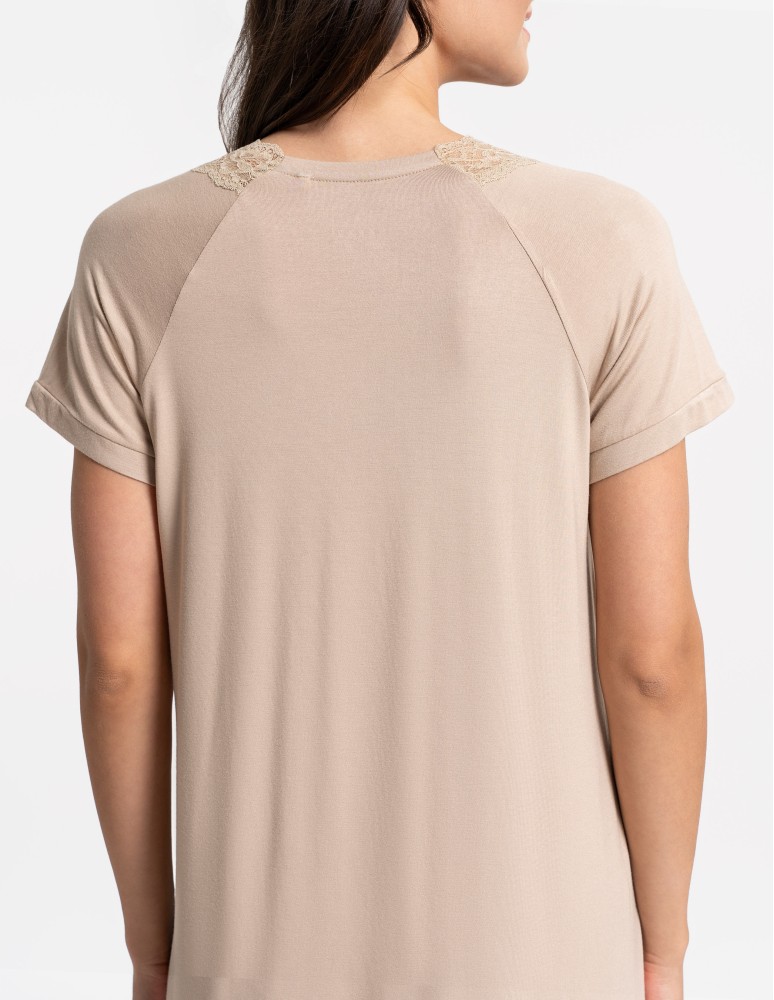 Koszule nocne z krótkim rękawem - Koszula nocna damska z krótkim rękawem Plus Size z wiskozy bambusowej BEŻOWY  - produkt moraj.pl 4