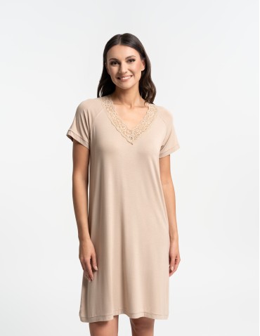 Koszule nocne z krótkim rękawem - Koszula nocna damska z krótkim rękawem Plus Size z wiskozy bambusowej BEŻOWY - produkt 6