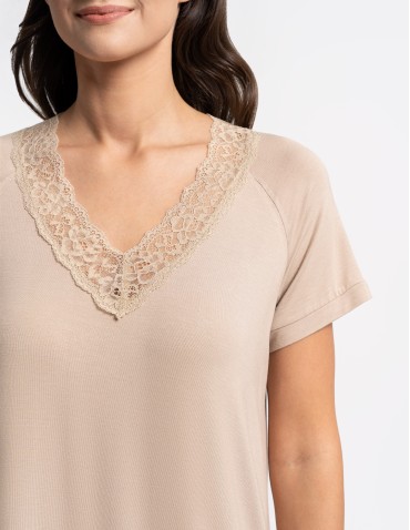 Koszule nocne z krótkim rękawem - Koszula nocna damska z krótkim rękawem Plus Size z wiskozy bambusowej BEŻOWY - produkt 7