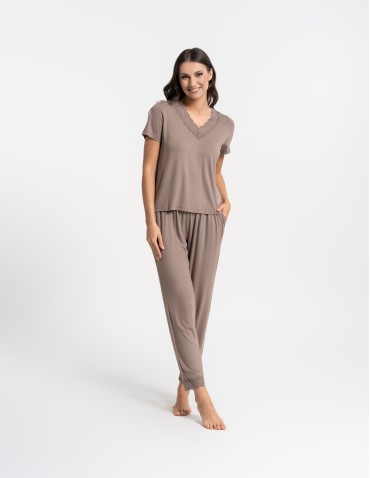 Piżamy z krótkim rękawem - Piżama damska z długimi spodniami Plus Size wiskoza bambusowa MOKKA - produkt 10