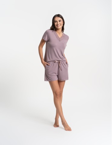 Piżamy z krótkim rękawem - Damska piżama Plus Size z wiskozy bambusowej z koronką FIOLETOWY - produkt 6