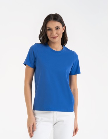 Koszulki z krótkim rękawem - T-shirt damski bawełniany bez szwów bocznych NIEBIESKI - produkt 1