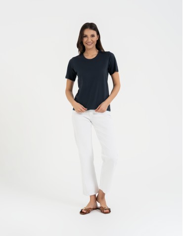 Koszulki z krótkim rękawem - T-shirt damski bawełniany bez szwów bocznych GRANATOWY - produkt 8