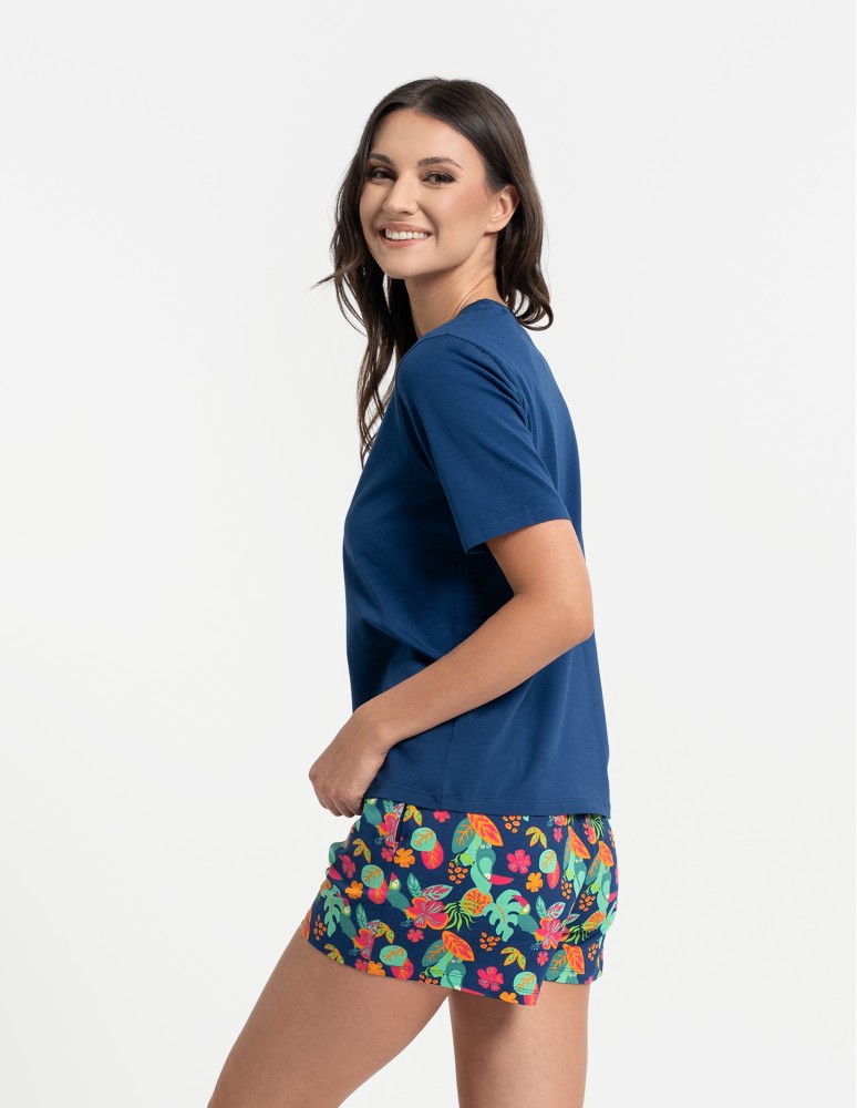 Piżamy z krótkim rękawem - Piżama damska bawełniany komplet z krótkim rękawem i spodenkami GRANATOWY  - produkt moraj.pl 5