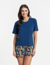 Piżama damska bawełniany komplet z krótkim rękawem i spodenkami GRANATOWY