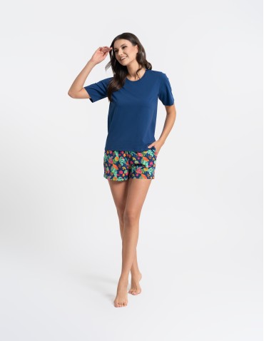 Piżamy z krótkim rękawem - Piżama damska bawełniany komplet z krótkim rękawem i spodenkami GRANATOWY - produkt 6