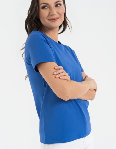 Koszulki z krótkim rękawem - T-shirt damski bawełniany bez szwów bocznych NIEBIESKI - produkt 3