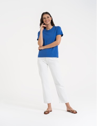 Koszulki z krótkim rękawem - T-shirt damski bawełniany bez szwów bocznych NIEBIESKI - produkt 7