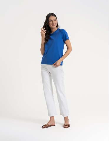 Koszulki z krótkim rękawem - T-shirt damski bawełniany bez szwów bocznych NIEBIESKI - produkt 9