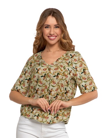 Bluzki i koszule - Bluzka damska z wiskozy z dekoltem w serek ZIELONY - produkt 1