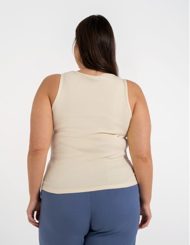 Topy na ramiączkach - Damska koszulka Tank Top w prążek BEŻOWY - produkt 9