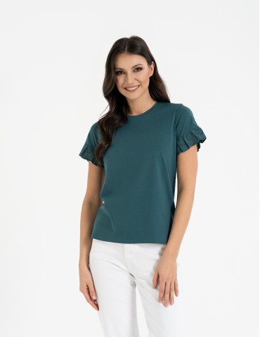 Bluzki i koszule - Bluzka damska z krótkim rękawem z koronką bawełniana ZIELONY - produkt 1