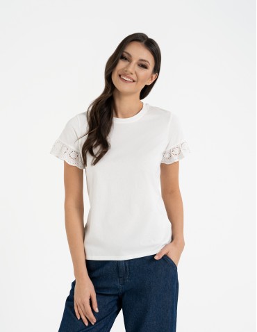 Bluzki i koszule - Bluzka damska z krótkim rękawem z koronką bawełniana BIAŁY - produkt 1