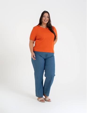 Bluzki z krótkim rękawem - Bluzka damska bawełniana z koronkowym rękawem POMARAŃCZOWY - produkt 3