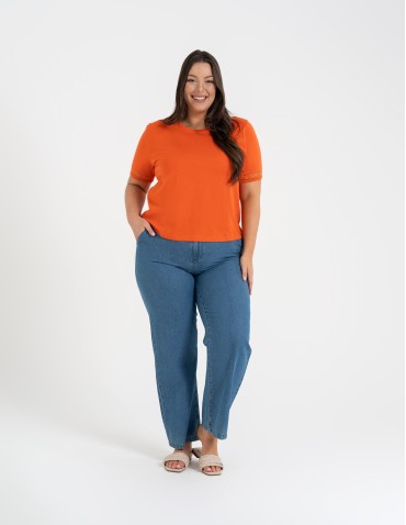 Bluzki z krótkim rękawem - Bluzka damska bawełniana z koronkowym rękawem POMARAŃCZOWY - produkt 4