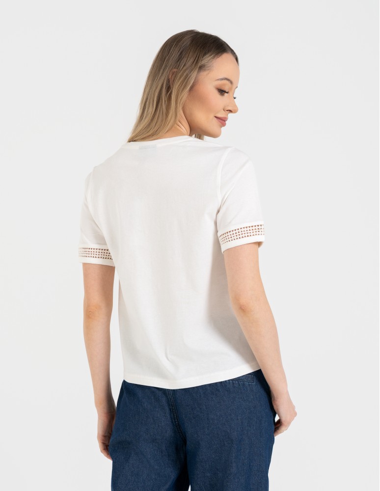 Bluzki z krótkim rękawem - Bluzka damska bawełniana z koronkowym rękawem BIAŁY  - produkt moraj.pl 3