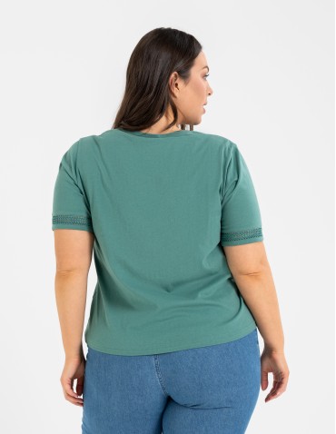 Bluzki z krótkim rękawem - Bluzka damska bawełniana z koronkowym rękawem ZIELONY - produkt 7