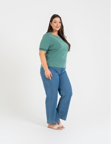 Bluzki z krótkim rękawem - Bluzka damska bawełniana z koronkowym rękawem ZIELONY - produkt 6