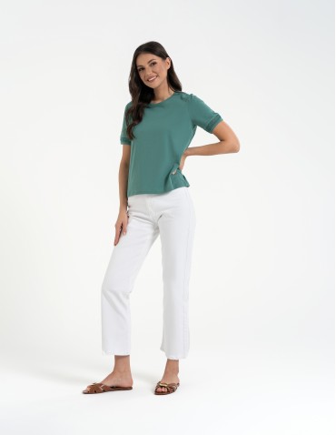 Bluzki z krótkim rękawem - Bluzka damska bawełniana z koronkowym rękawem ZIELONY - produkt 1