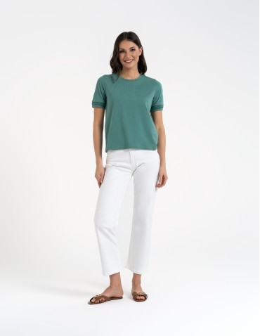 Bluzki z krótkim rękawem - Bluzka damska bawełniana z koronkowym rękawem ZIELONY - produkt 5