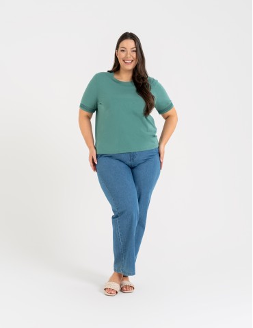 Bluzki z krótkim rękawem - Bluzka damska bawełniana z koronkowym rękawem ZIELONY - produkt 8