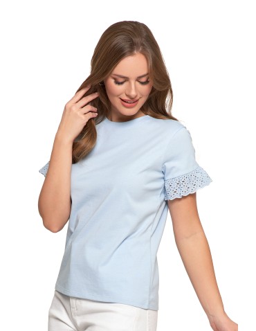 Bluzki i koszule - Bluzka damska z krótkim rękawem z koronką bawełniana NIEBIESKI - produkt 6