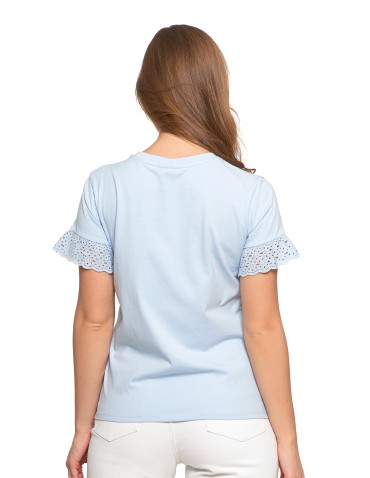 Bluzki i koszule - Bluzka damska z krótkim rękawem z koronką bawełniana NIEBIESKI - produkt 7