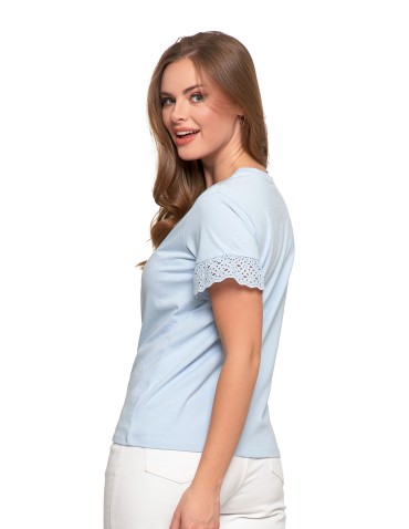 Bluzki i koszule - Bluzka damska z krótkim rękawem z koronką bawełniana NIEBIESKI - produkt 8
