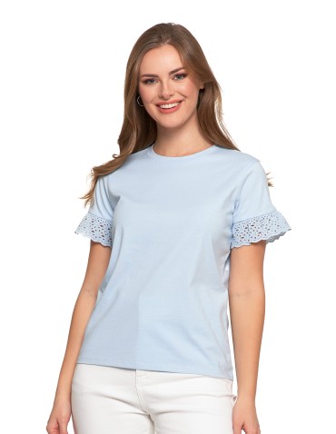 Bluzki i koszule - Bluzka damska z krótkim rękawem z koronką bawełniana NIEBIESKI - produkt 10