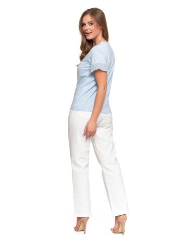 Bluzki i koszule - Bluzka damska z krótkim rękawem z koronką bawełniana NIEBIESKI - produkt 11