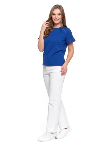 Bluzki i koszule - Bluzka damska z krótkim rękawem z koronką bawełniana NIEBIESKI - produkt 12