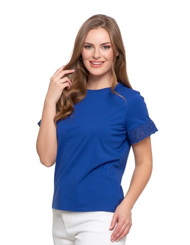 Bluzki i koszule - Bluzka damska z krótkim rękawem z koronką bawełniana NIEBIESKI - produkt 13