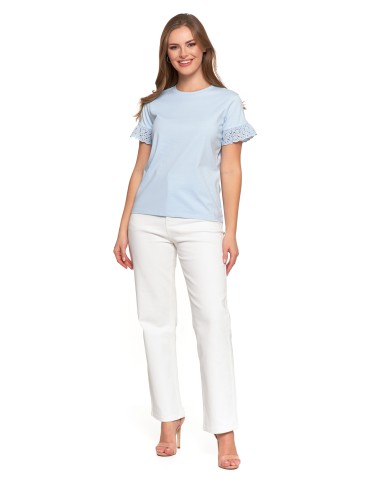 Bluzki i koszule - Bluzka damska z krótkim rękawem z koronką bawełniana NIEBIESKI - produkt 14