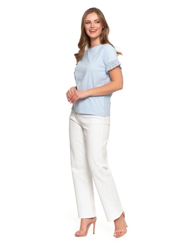 Bluzki i koszule - Bluzka damska z krótkim rękawem z koronką bawełniana NIEBIESKI - produkt 15