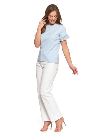 Bluzki i koszule - Bluzka damska z krótkim rękawem z koronką bawełniana NIEBIESKI - produkt 16