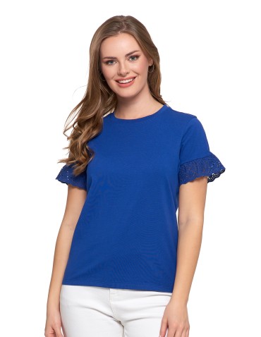Bluzki i koszule - Bluzka damska z krótkim rękawem z koronką bawełniana NIEBIESKI - produkt 18