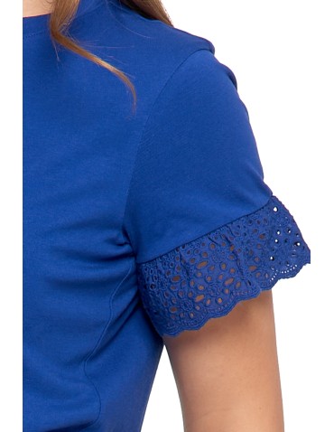 Bluzki i koszule - Bluzka damska z krótkim rękawem z koronką bawełniana NIEBIESKI - produkt 19