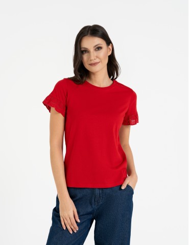 Bluzki z krótkim rękawem - Bluzka damska z krótkim rękawem z koronką bawełniana CZERWONY - produkt 1