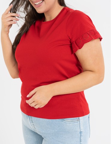 Bluzki z krótkim rękawem - Bluzka damska z krótkim rękawem z koronką bawełniana CZERWONY - produkt 2
