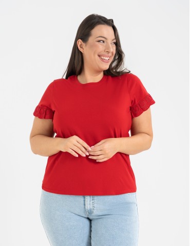 Bluzki z krótkim rękawem - Bluzka damska z krótkim rękawem z koronką bawełniana CZERWONY - produkt 3